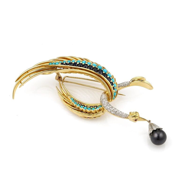 Appraisal: K YG Diamond Sapphire Turquoise Pearl Brooch k yellow gold