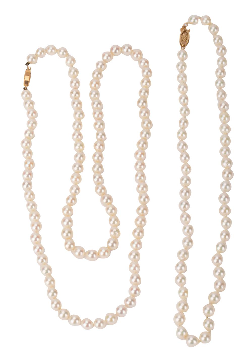 Appraisal: TWO KARAT YELLOW GOLD CULTURED PEARL NECKLACESone necklace containing round