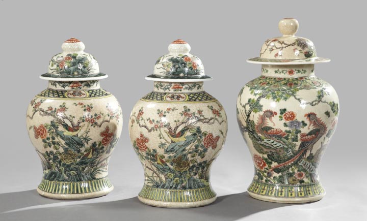 Appraisal: Three-Piece Kuang Hsu Crackle-Glazed and Polychromed Porcelain Garniture first quarter