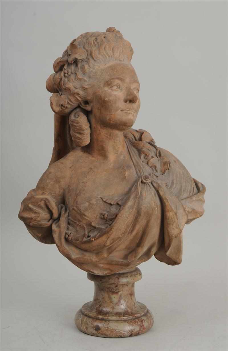 Appraisal: LOUIS XVI STYLE TERRACOTTA BUST OF A LADY Impressed at