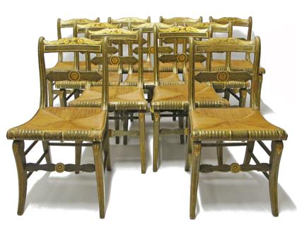 Appraisal: Eleven green and gold painted rush seat Fancy side chairs