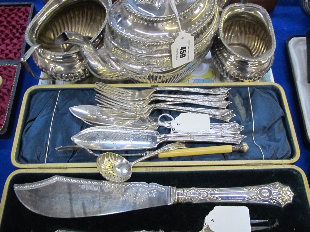 Appraisal: Lot comprising three piece tea service fish servers and some