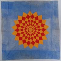 Appraisal: INTERESTING PIECED STAR QUILT The central orange and red sunburst