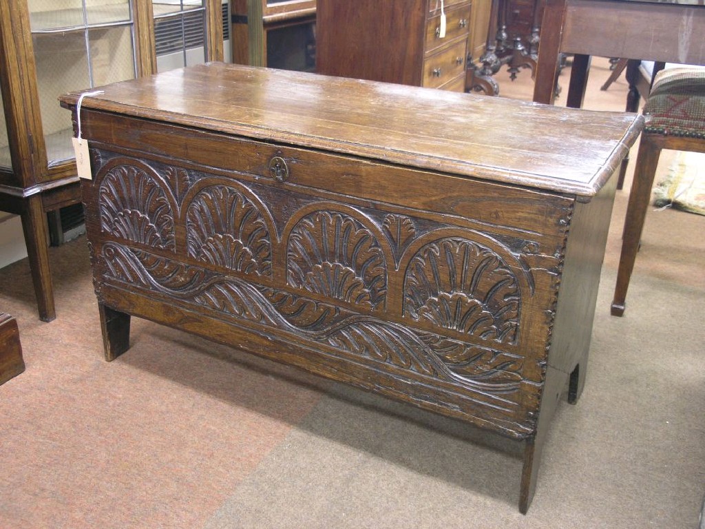 Appraisal: An early th century elm six-plank coffer boarded top the