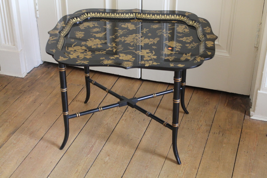 Appraisal: A reproduction gilt lacquer serving tray on bamboo stand in