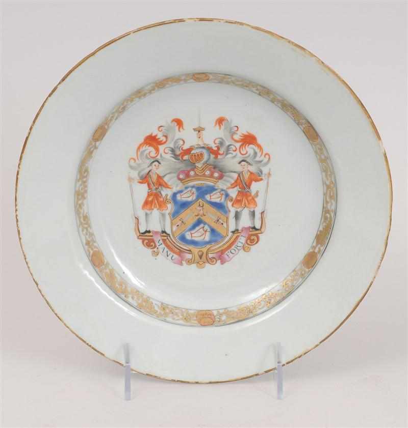 Appraisal: CHINESE EXPORT PORCELAIN ARMORIAL SOUP DISH With gilt scroll and