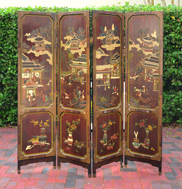 Appraisal: PANEL ORIENTAL COROMANDEL SCREEN One side with stone inlay and