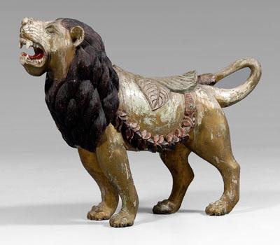 Appraisal: Carved and paint-decorated lion back with large leaf-carved seat sides