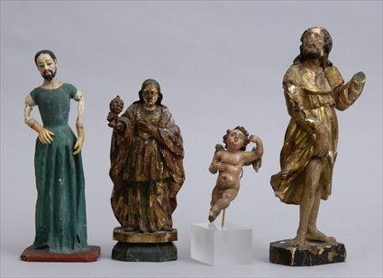 Appraisal: TWO ITALIAN CARVED PAINTED AND GILTWOOD FIGURES AND TWO CRECHE