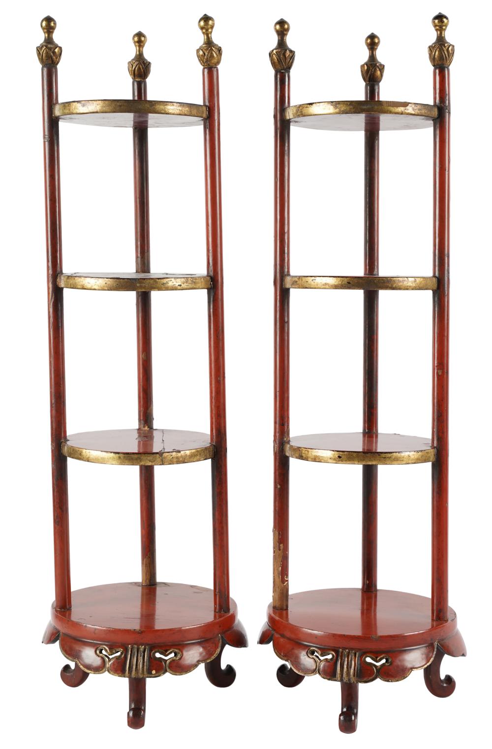 Appraisal: PAIR OF RED-LACQUERED TIERED STANDSwith gilt accents inches diameter inches