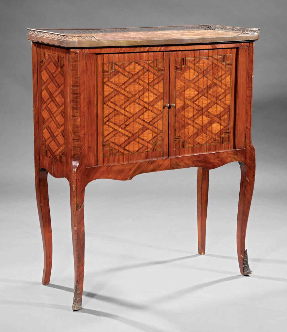 Appraisal: Louis XVI-Style Bronze-Mounted Kingwood Marquetry and Tambour Music Cabinet late