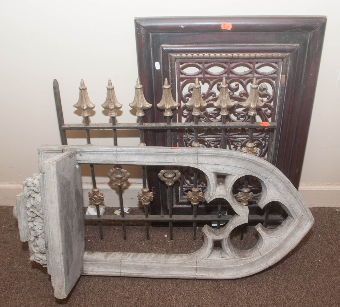 Appraisal: Assorted decorative items including fiberglass gothic wall shelf cast iron