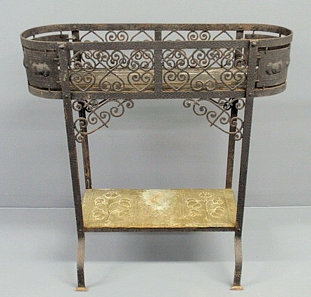 Appraisal: Wrought iron and hammered brass plant stand c h x