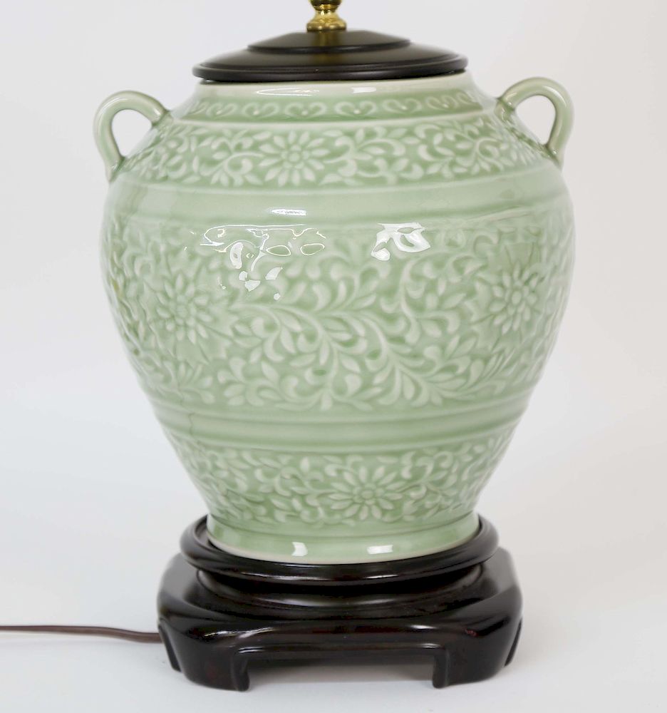 Appraisal: Celadon Two Handle Jar Mounted as a Lamp Celadon Two