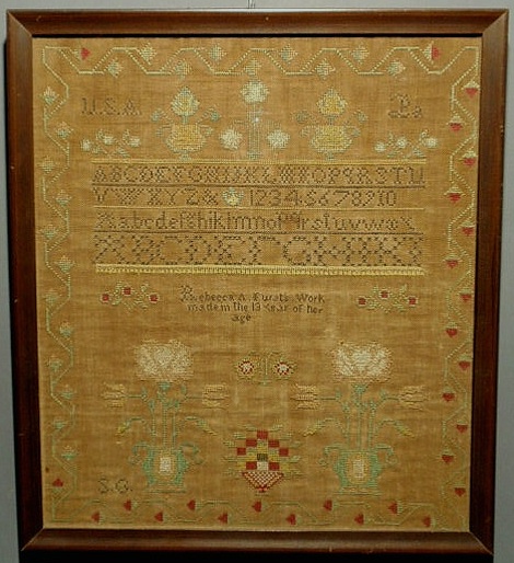 Appraisal: Silk on linen sampler early th c wrought by Rebecca