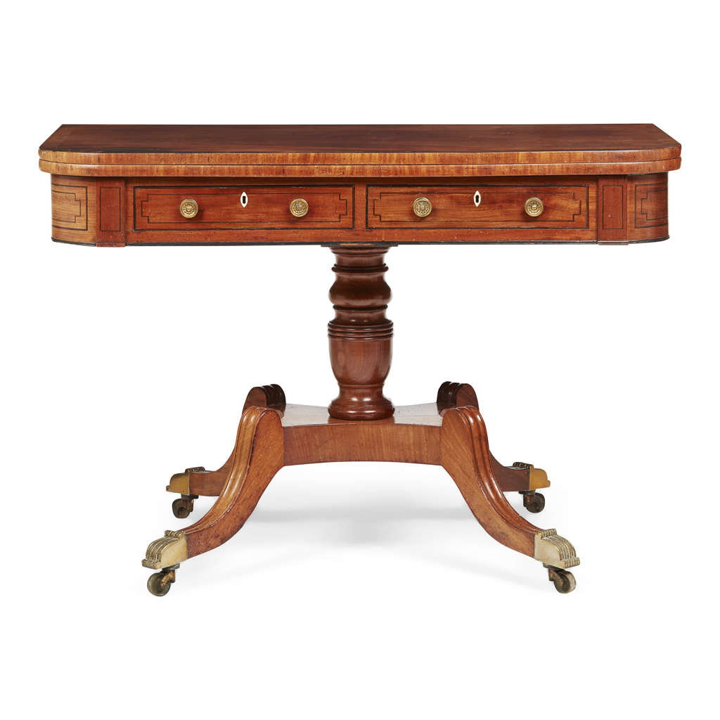 Appraisal: REGENCY MAHOGANY ROSEWOOD AND EBONY FOLDOVER TEA TABLE CIRCA the