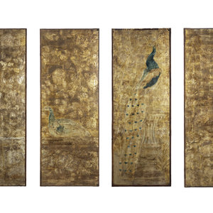 Appraisal: A Silver and Gilt Decorated Leather Four-Panel Screen English or