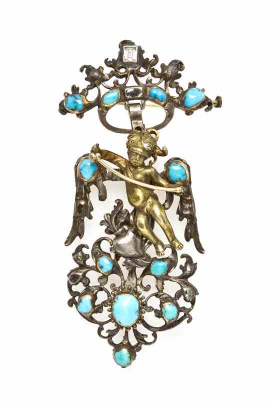 Appraisal: A Renaissance Revival Silver Gold Diamond and Turquoise Brooch possibly