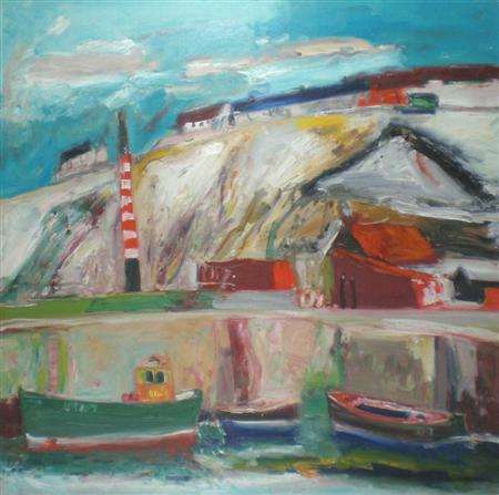 Appraisal: JOHN BELLANY SCOTTISH B HARBOUR AND CLIFFS Signed oil on