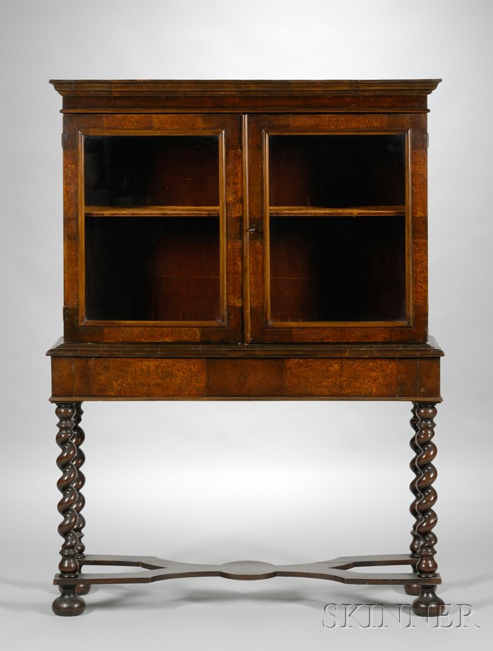 Appraisal: Spanish-style Glazed Inlaid Walnut-finished Two-Door Display Cabinet on Frame with