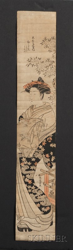 Appraisal: Koryusai Beauty Standing by a Garden Fence hashira-e good impression