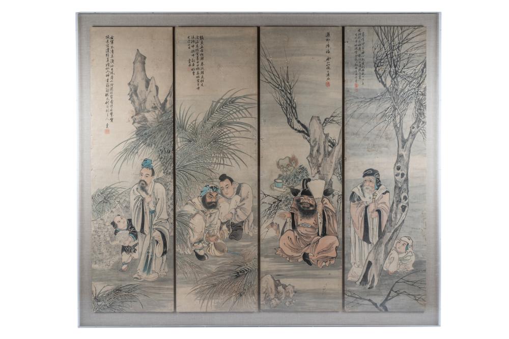 Appraisal: CHINESE FOUR-PANEL SCROLL PAINTINGframed in Plexiglas Condition each scroll with