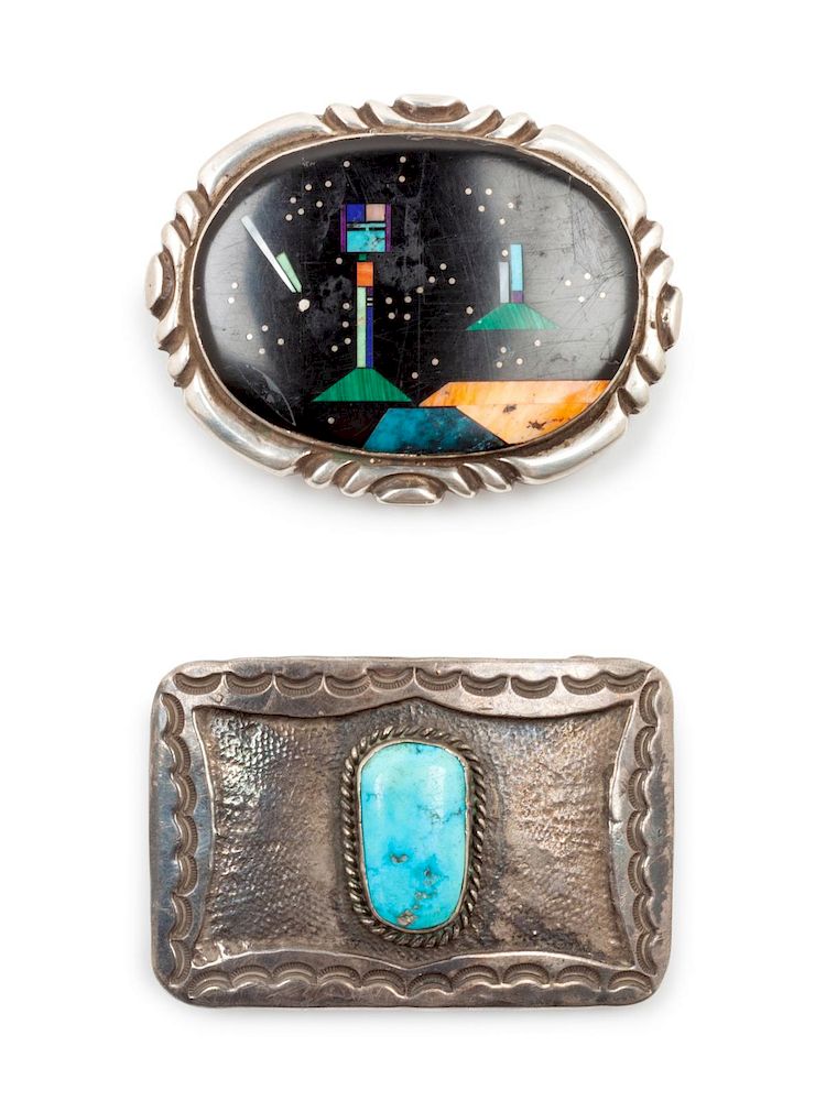 Appraisal: Two Turquoise and Hardstone Belt Buckles Two Turquoise and Hardstone