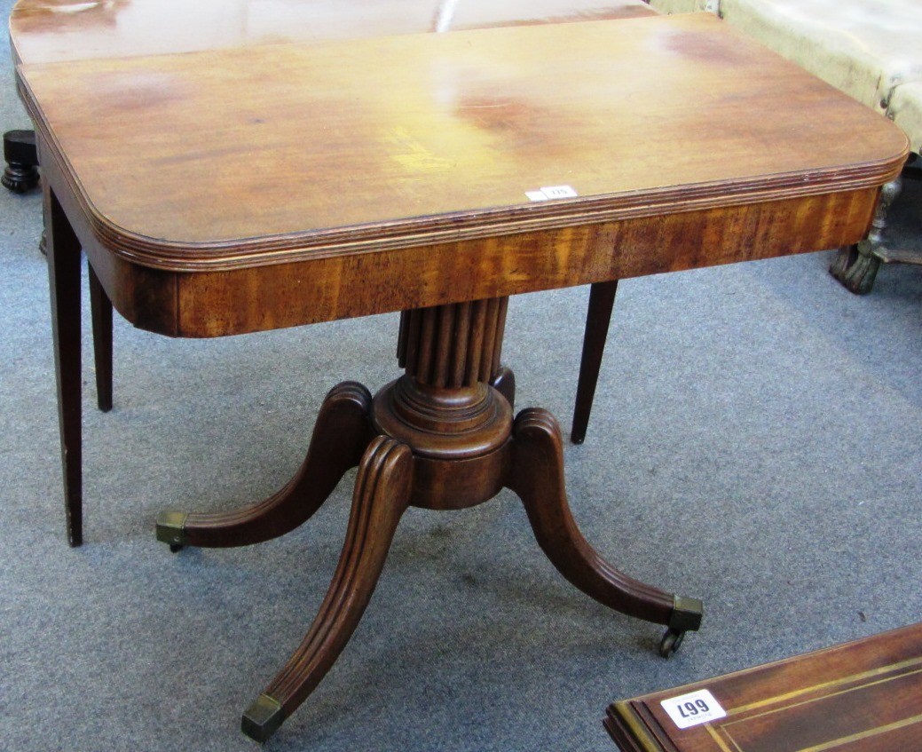 Appraisal: A George III mahogany foldover tea table on turned columns