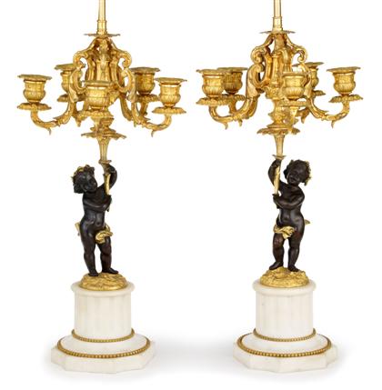 Appraisal: Good Pair of French gilt and patinated bronze candelabra late