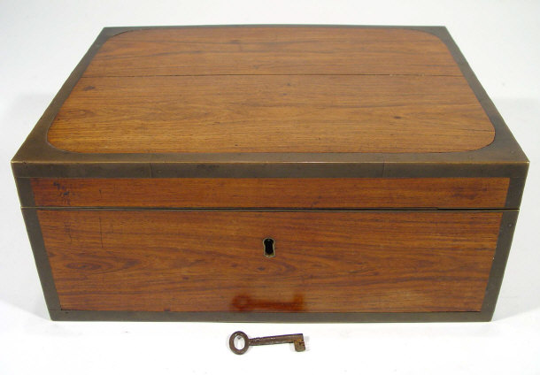 Appraisal: Brass bound hardwood jewellery box with recessed handles to the