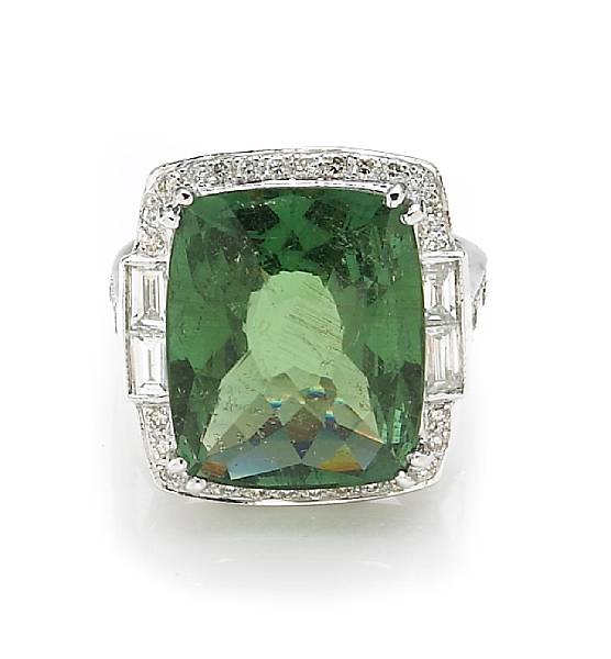 Appraisal: A green tourmaline and diamond ring centering a rectangular-shaped tourmaline