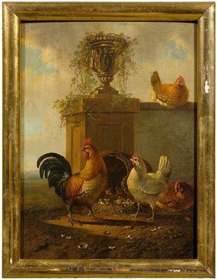 Appraisal: Albertus Verhoesen chicken painting Dutch - chickens rooster and basket