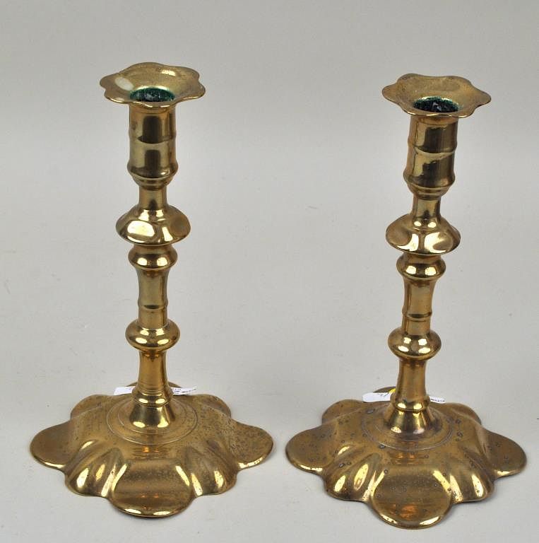 Appraisal: Pair Queen Anne Brass Petal Base Candlesticks with use wear