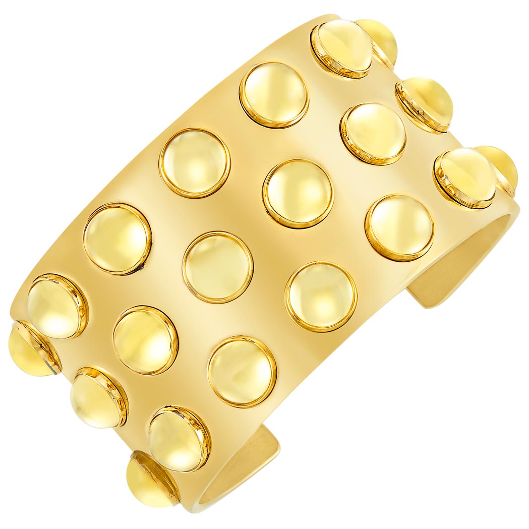 Appraisal: Gold-Plated Steel and Cabochon Yellow Glass Cuff Bangle Bracelet Lalique