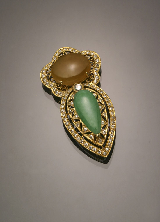 Appraisal: -Karat Yellow-Gold Yellow and Green Jadeite Jade and Diamond Pendant