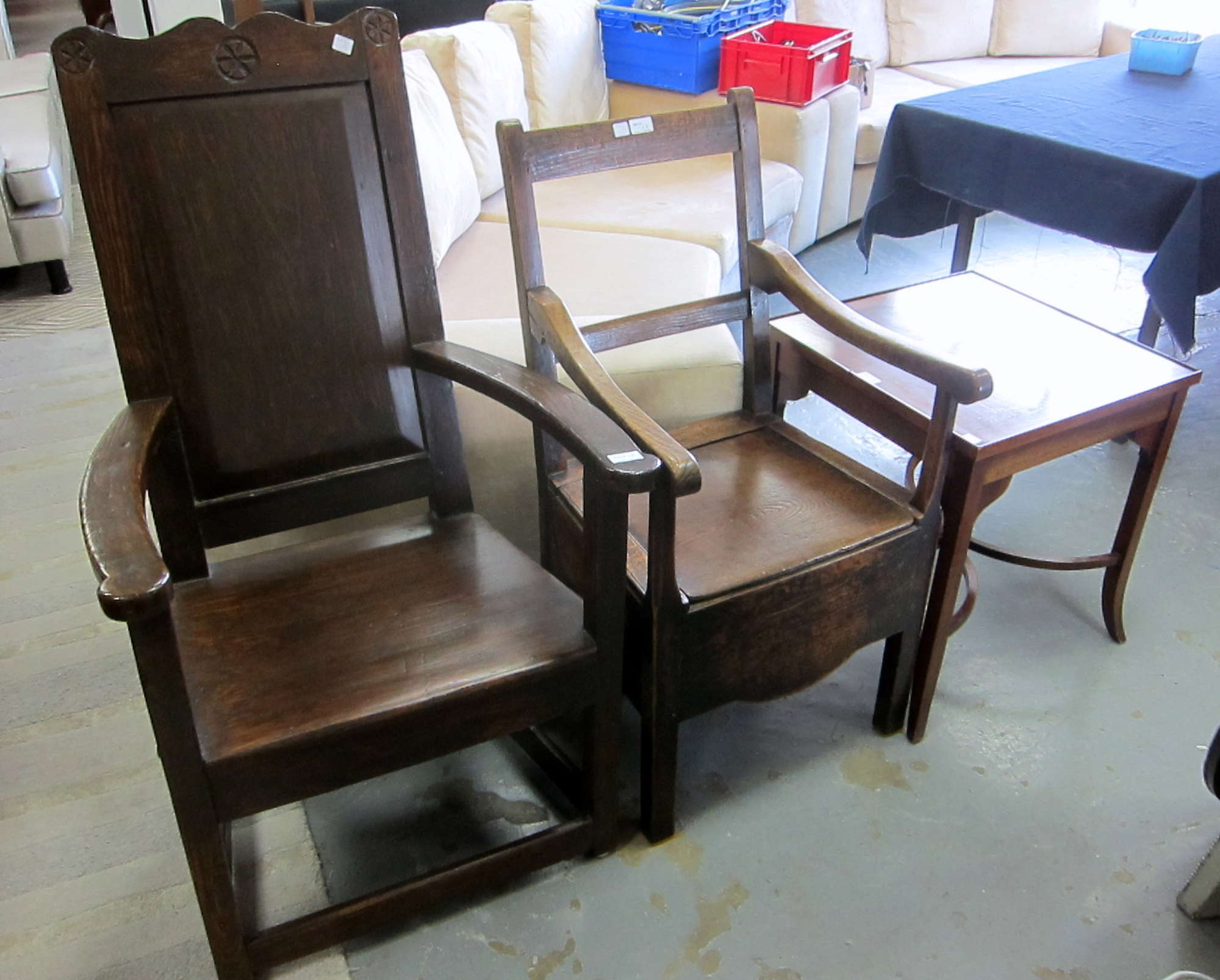 Appraisal: Two th century style stained pine chairs and a side