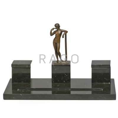 Appraisal: FRENCH BRONZE AND MARBLE INKWELL Nude woman atop a central