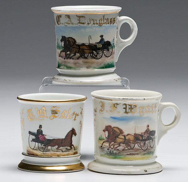 Appraisal: THREE CARRIAGE DRIVER'S OCCUPATIONAL SHAVING MUGS porcelain carriage driver's occupational