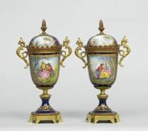 Appraisal: French Porcelain Ormolu Urns Hand decorated porcelain marked France cobalt