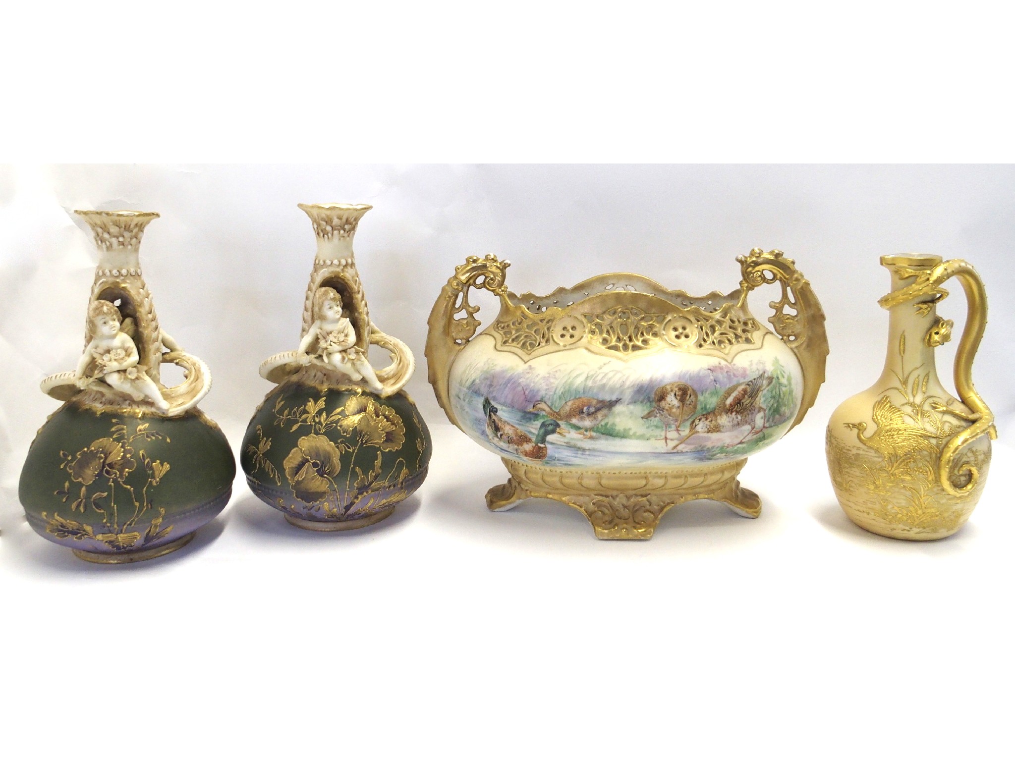 Appraisal: Royal Vienna centrepiece decorated with ducks pair of Austrian vases