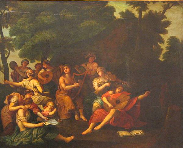 Appraisal: Italian School circa Musicians in a classical landscape oil on