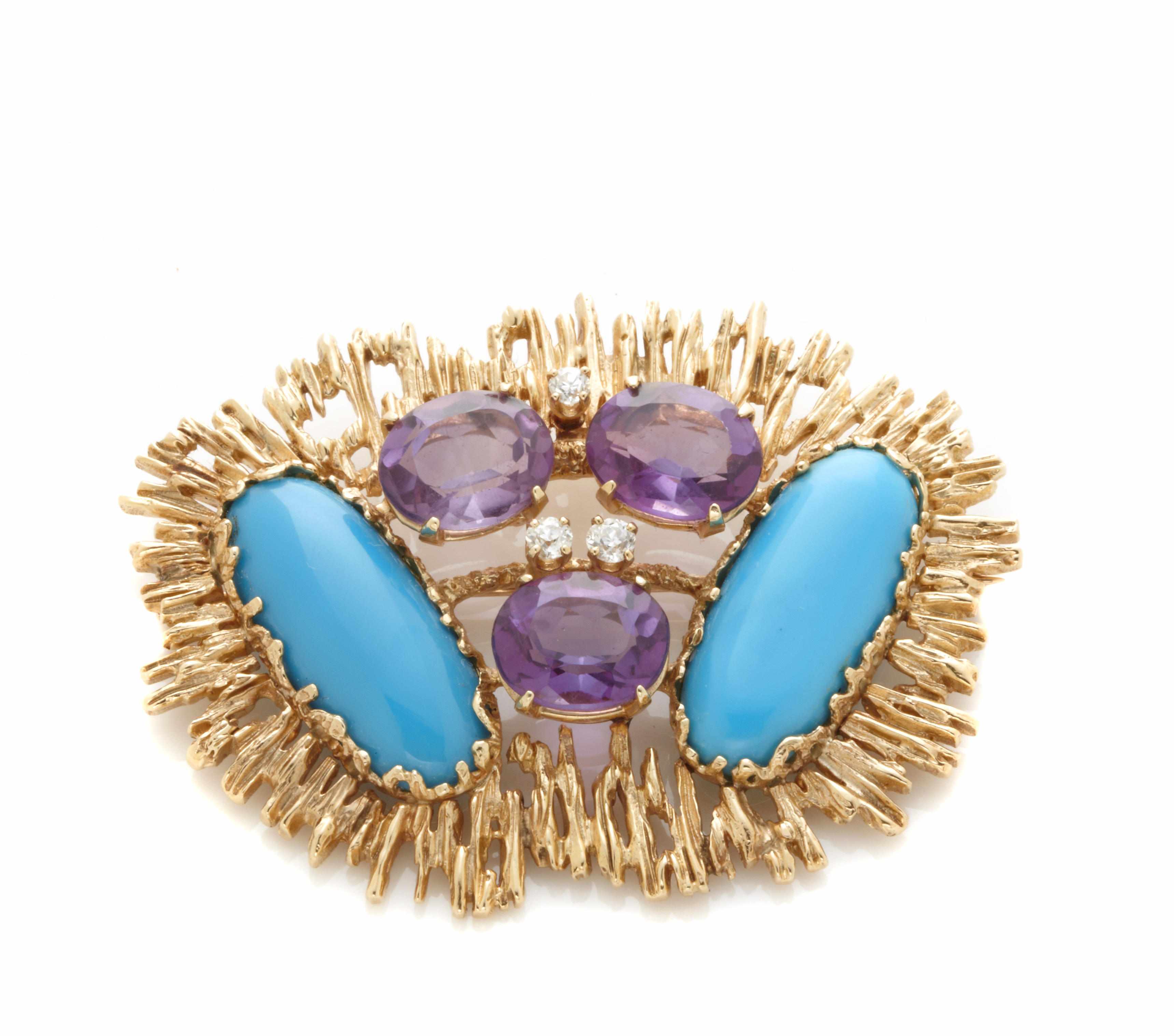 Appraisal: A turquoise amethyst diamond and k gold brooch signed Osaki