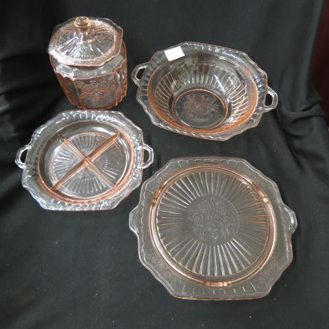 Appraisal: pcs Pink Depression Glass cookie jar cake plate bowl divided