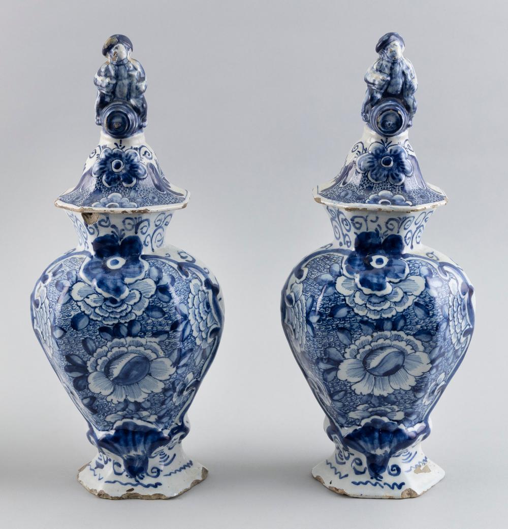 Appraisal: PAIR OF DELFT COVERED JARS TH CENTURY HEIGHTS PAIR OF