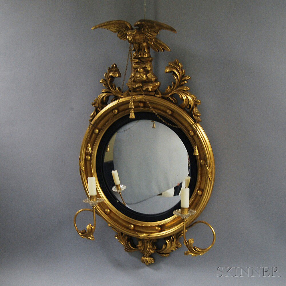 Appraisal: Classical-style Gilt and Carved Girandole Mirror the cresting with carved