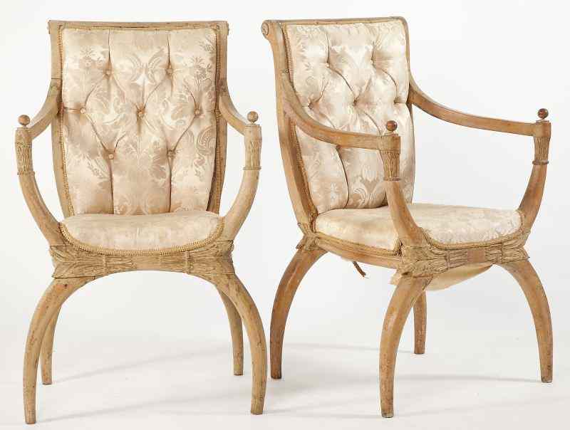 Appraisal: Pair of Venetian Open Armchairs th century beechwood molded frame