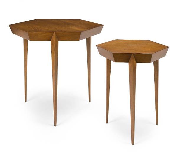 Appraisal: A Lloyd Wright nest of two walnut veneered hexagonal tables