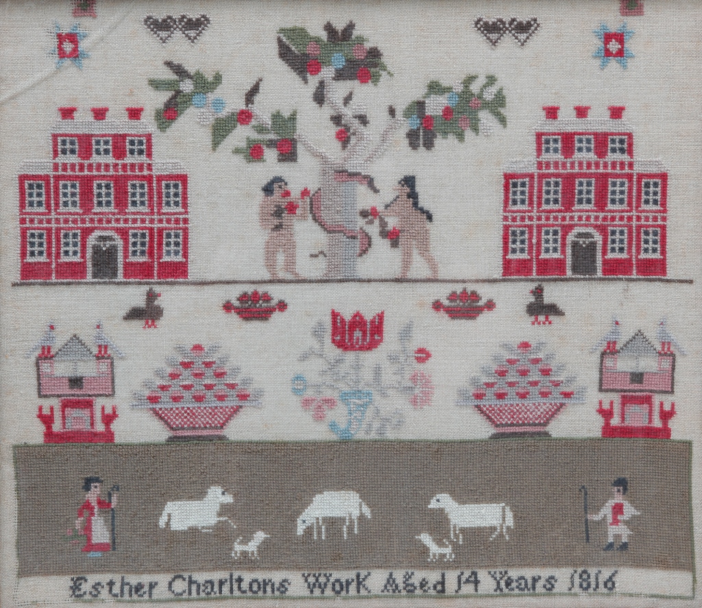 Appraisal: SAMPLER Most likely American wool on linen Adam and Eve