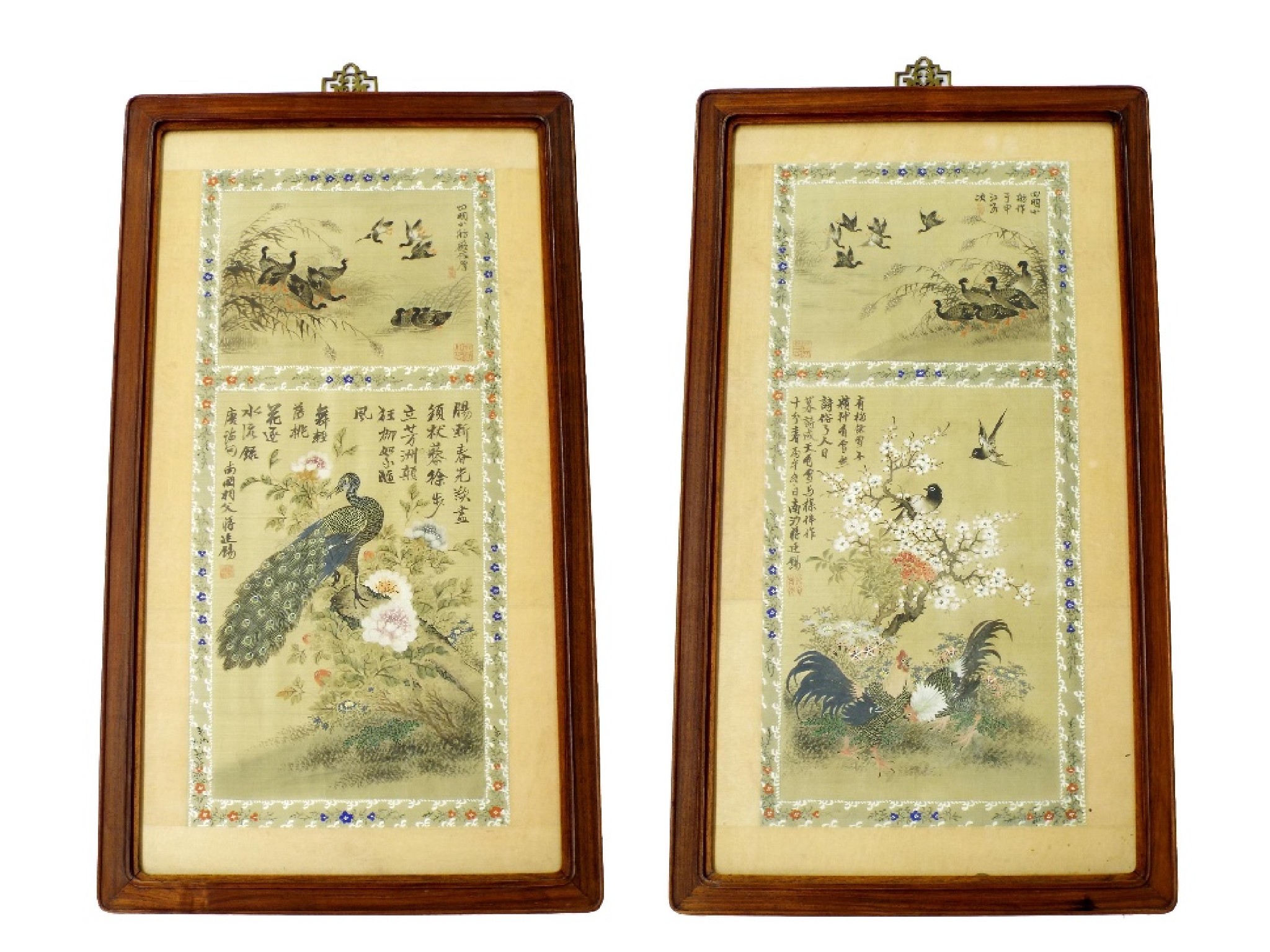 Appraisal: Chinese School - pair of panelled studies depicting birds amidst