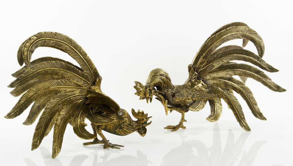 Appraisal: - Pr Early th C Italian Fighting Cocks Pair of